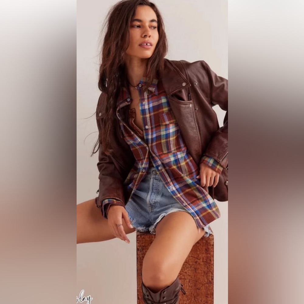 NWT We The Free size XS Hideaway plaid shirt in bark combo